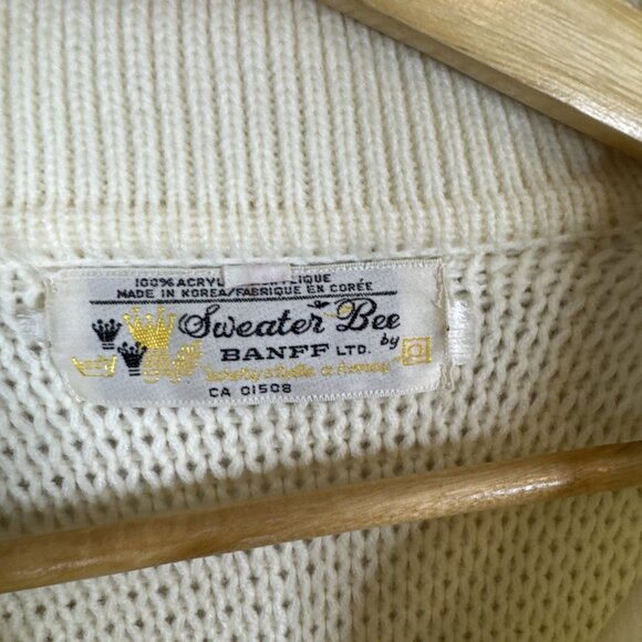 Vintage Hand Knit Floral Nordic Sweater Women’s L Fits S/M Cream Crochet - Picture 4 of 7